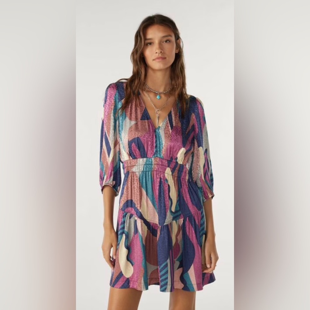 ba&sh Multicolor Abstract Print Mini Dress in Pink, Blue, Cream
